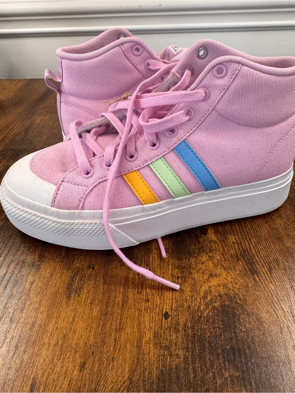 Womans Pink Adidas 7.5 High-Top Sneakers with Rainbow Stripes NWT